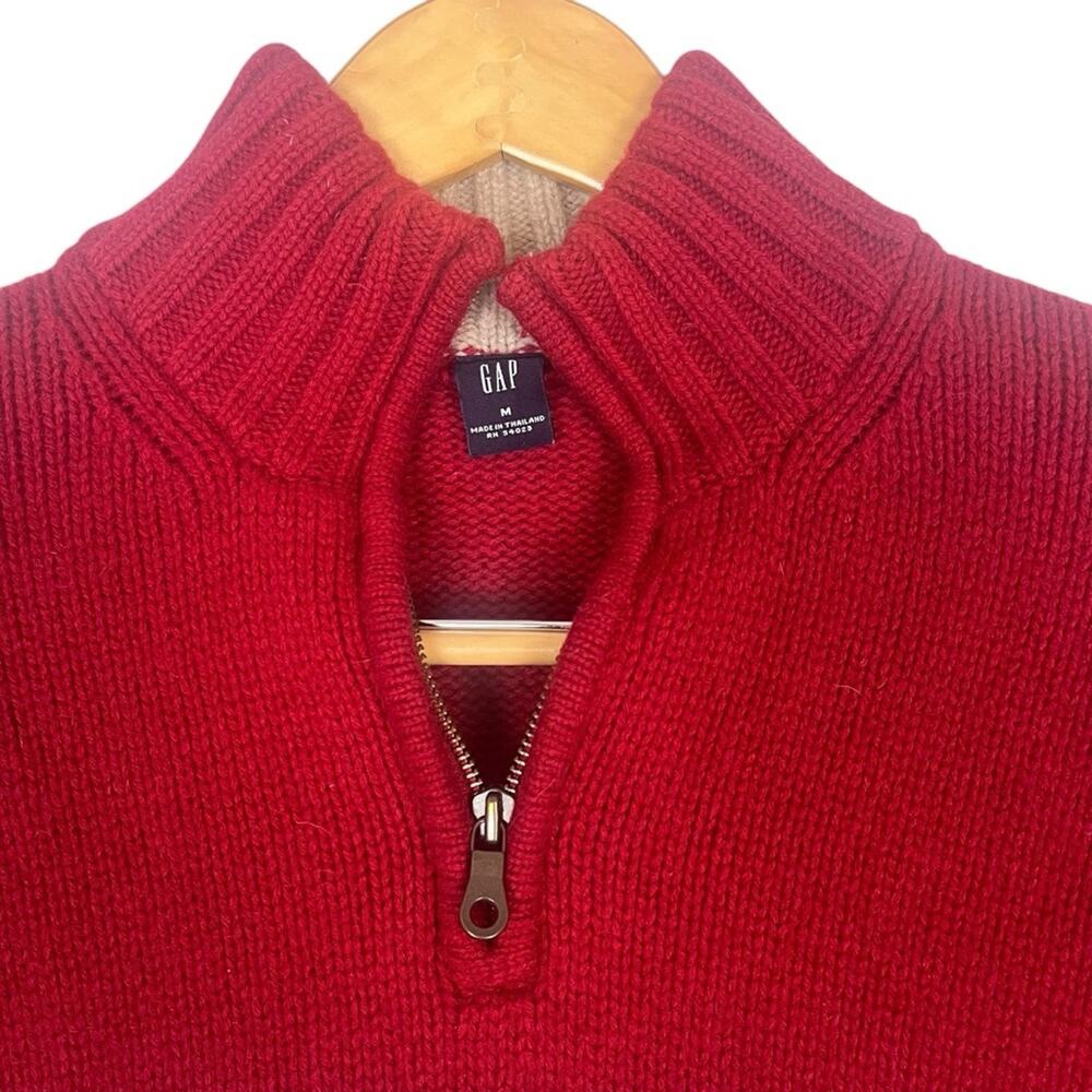 Vintage Gap Ski Sweater Mens Medium Lambswool 1/4 Zip Fair Isle Red White Knit - Picture 2 of 11